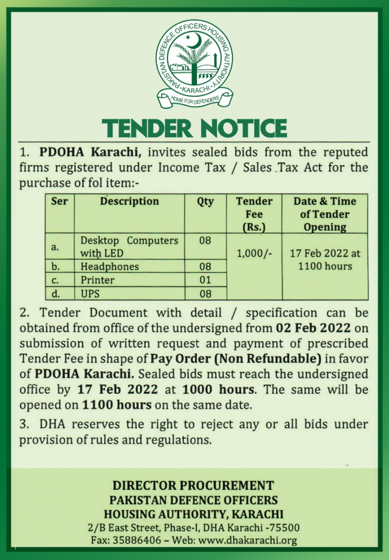 Tender Notice Desktop Computers , Headphones, Printers and UPS DHA