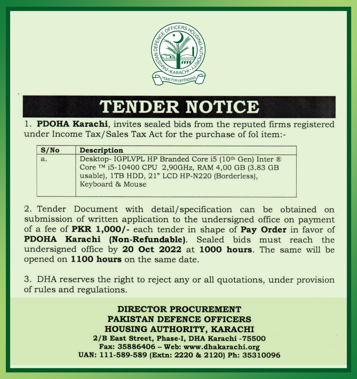 Tender Notice – Computer System – DHA Karachi