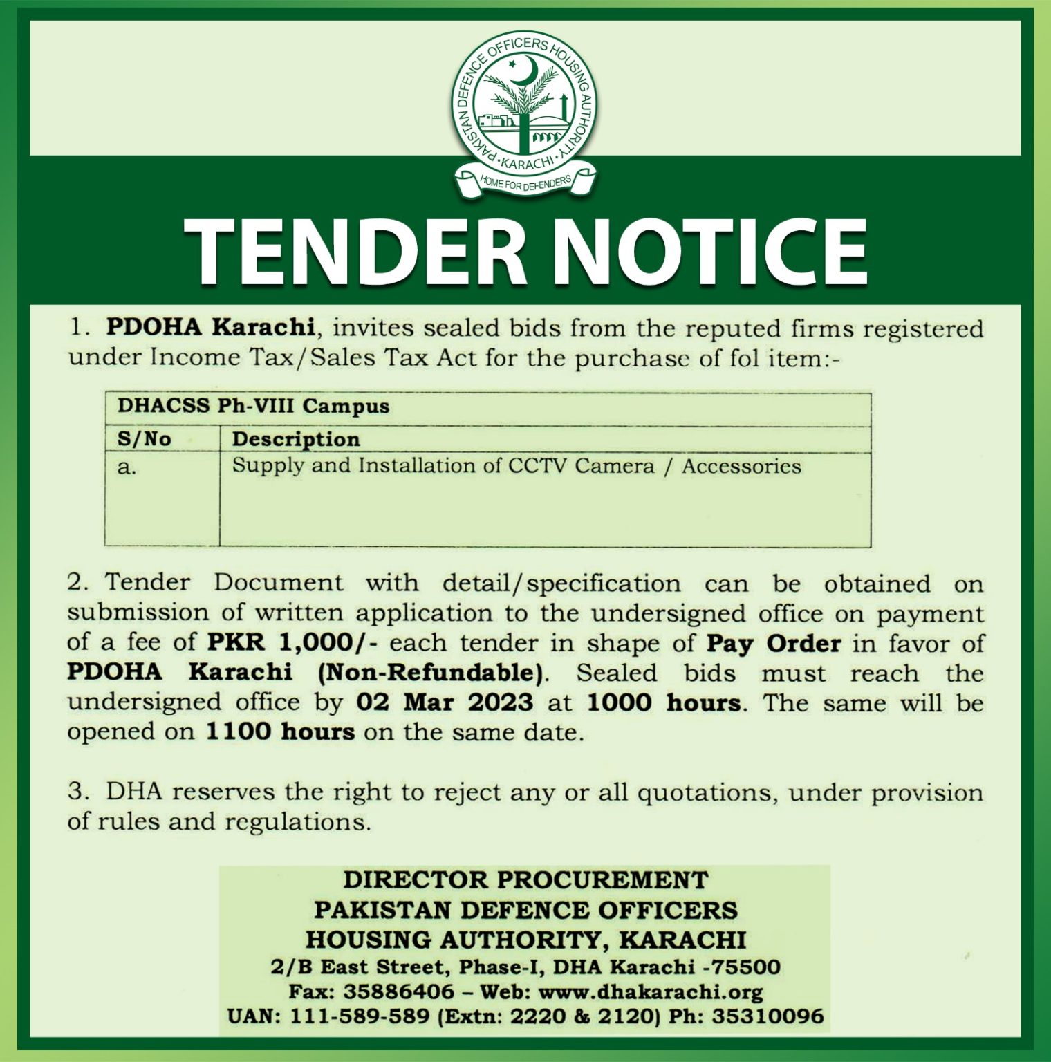 Tender Notice Supply and Installation of CCTV Camera Accessories