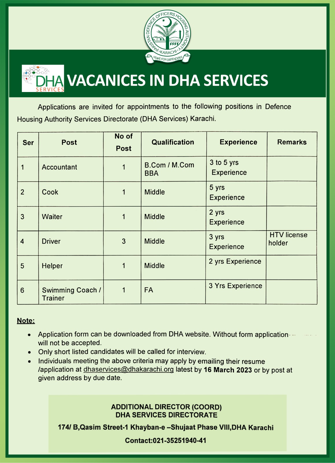 Vacancies in DHA Services DHA Karachi
