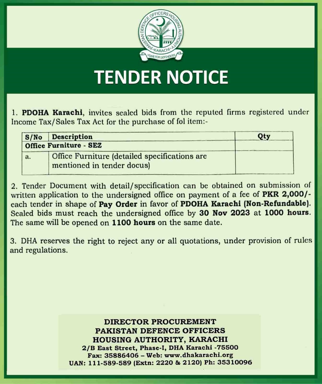 Tender Notice Office Furniture DHA Karachi