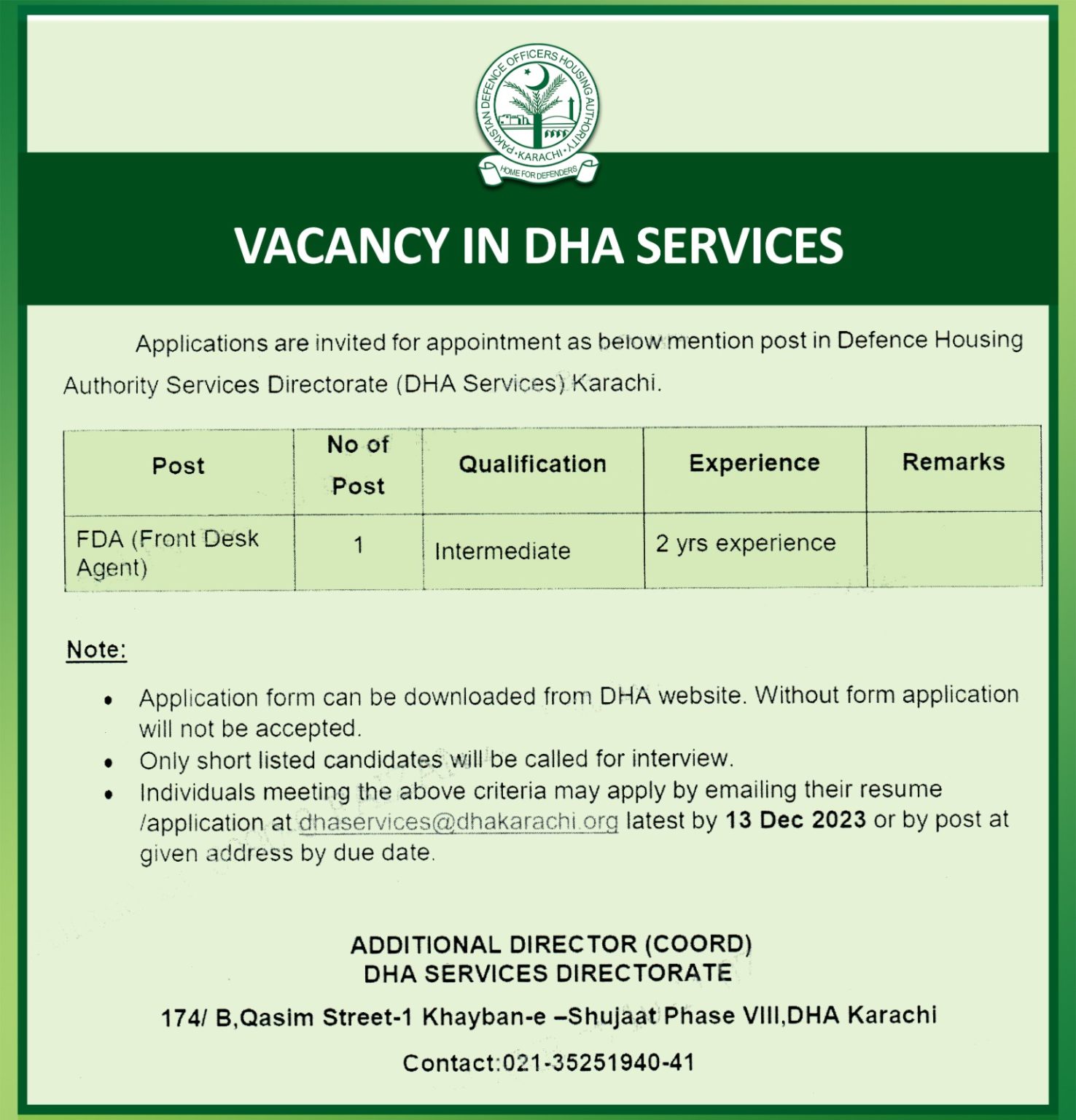 Vacancy in DHA Services DHA Karachi