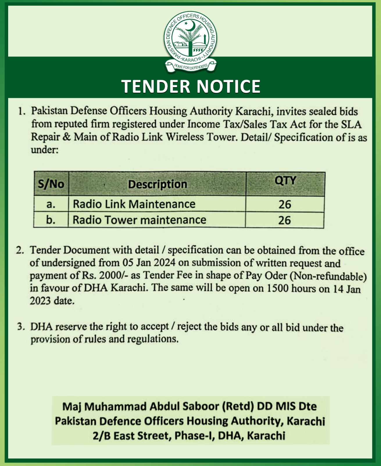 Tenders DHA Karachi