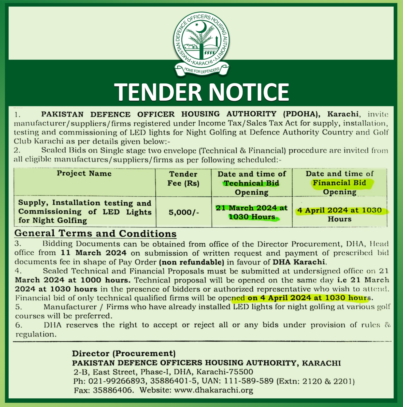 Tenders DHA Karachi