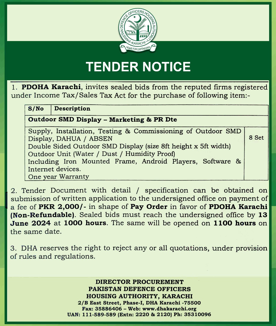 Tender Display Example Tender Notice – Outdoor SMD Display – DHA Karachi