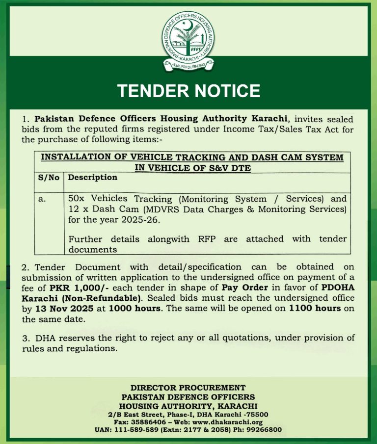 Tender Notice – Installation of Vehicle Tracking and Dash Camera System ...