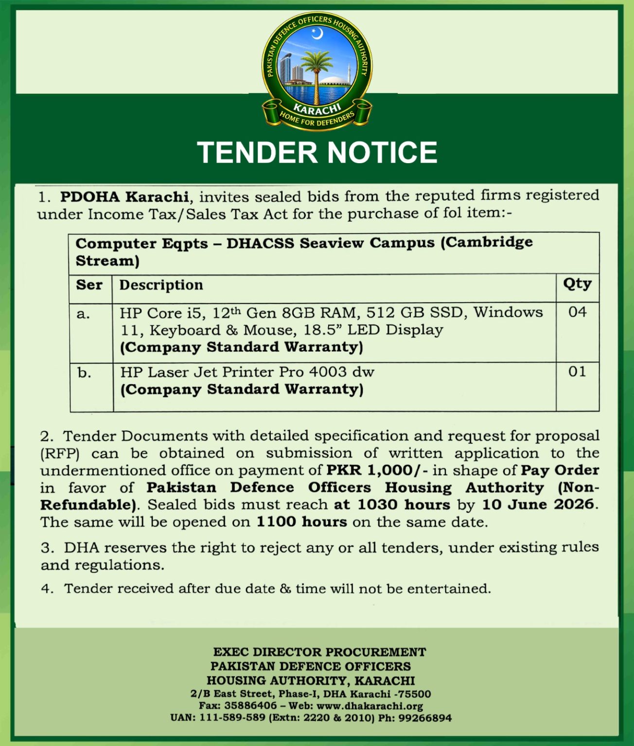 Tender Notice – Computer Equipments – DHA Karachi