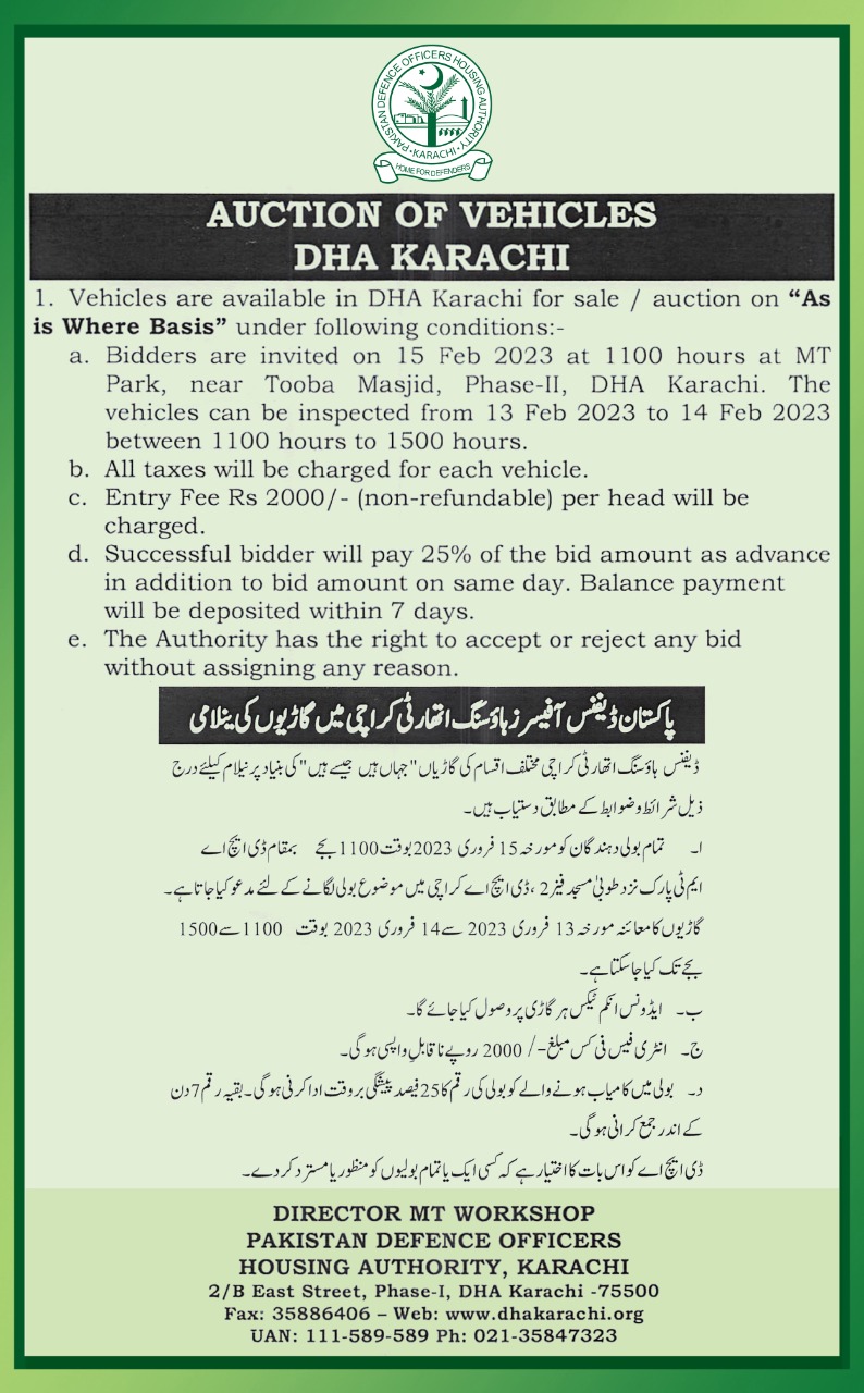Auction of Vehicles DHA Karachi